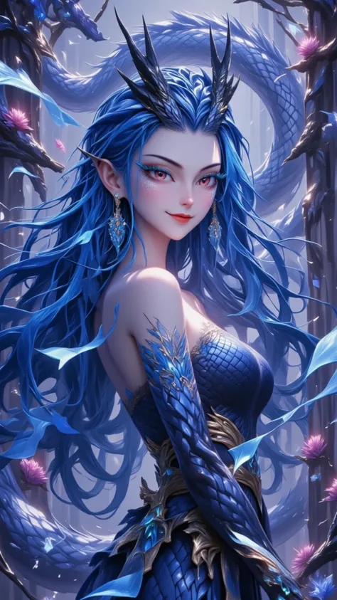 Dragon Girl,  unique ，  blue hair, 