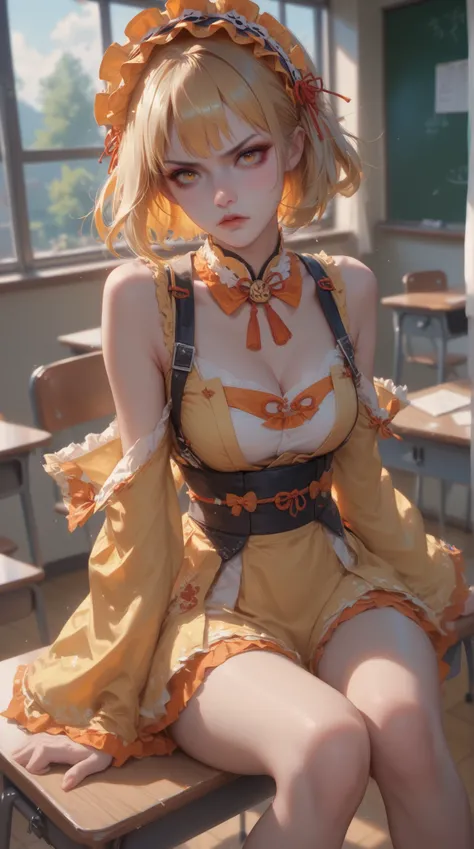 'Classroom ，Japanese style girl， delicate cheeks ， ， Orange Liu Hai Short hair ,  Lolita Hair Band, Chest,  wearing yellow uniform ，Bare shoulders， Sitting side by side at the table wearing white suspenders on ， Glaring eyes with thighs ， legs， Staring at ...