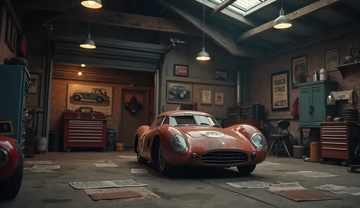 A retro-style car workshop with vintage elements, wooden beams, and aged brick walls. The garage is lit by warm, yellowish lighting from hanging industrial lamps. There are old tool chests, workbenches, and car posters pinned on the walls. The floor is cov...