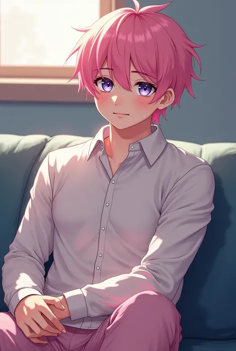 Create ai art anime styles images depicting a boy around 20 years old.  He should appear as a submissive "bottom" omega male, conveying innocence and attractiveness.  He has cotton candy pink hair, almond-shaped eyes the color of nocturne (dark, deep blue/...