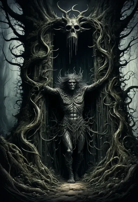 {{A ((hauntingly beautiful, intricately detailed)) sketch of {an enigmatic forest giant emerging from the gnarled roots of an ancient tree, its twisted form resembling both humanoid and arboreal elements}}} with {((long, vine-like tendrils hanging from its...