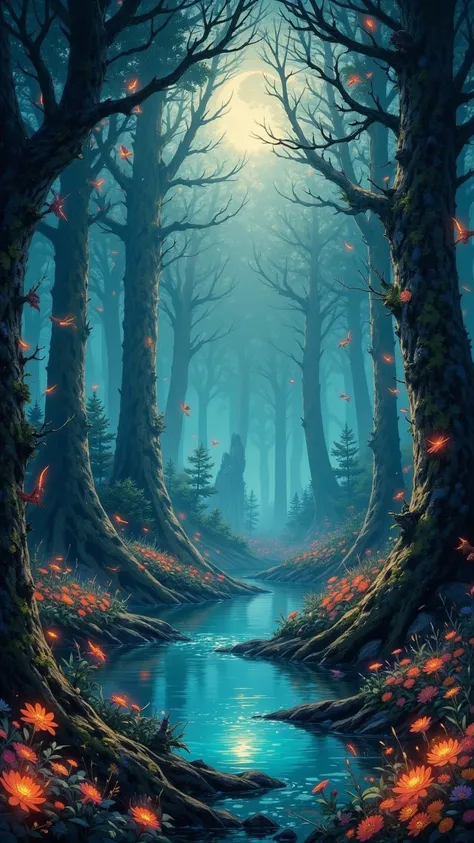  Detailed View of a Mysterious Forest， Shining Pond ，Ancient Trees ， Magical Creatures ， Flowing Light ， Charming Mist ，Wooden stick， Surreal Atmosphere ， Whimsical Flowers ， Hidden Treasure ， Calm atmosphere ，Charming light，A mysterious realm， Soft Moonli...