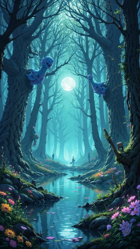  Detailed View of a Mysterious Forest， Shining Pond ，Ancient Trees ， Magical Creatures ， Flowing Light ， Charming Mist ，Wooden stick， Surreal Atmosphere ， Whimsical Flowers ， Hidden Treasure ， Calm atmosphere ，Charming light，A mysterious realm， Soft Moonli...