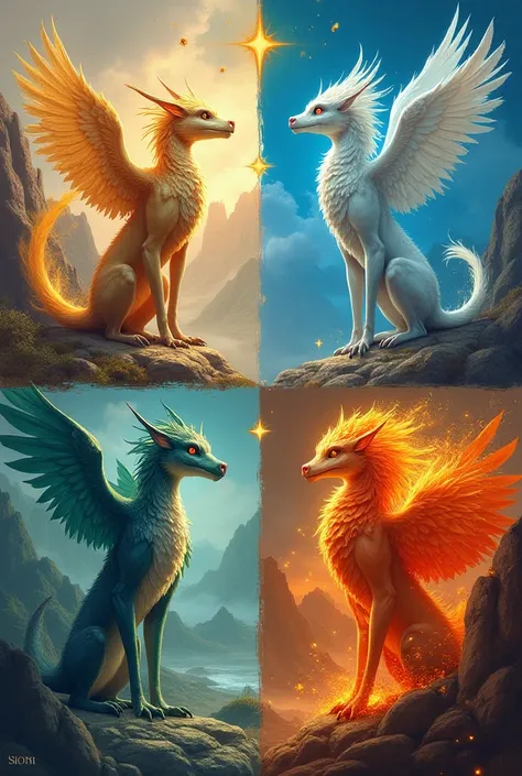 4 animals fantastiques representant chacun l'air,  Earth , Water and fire 