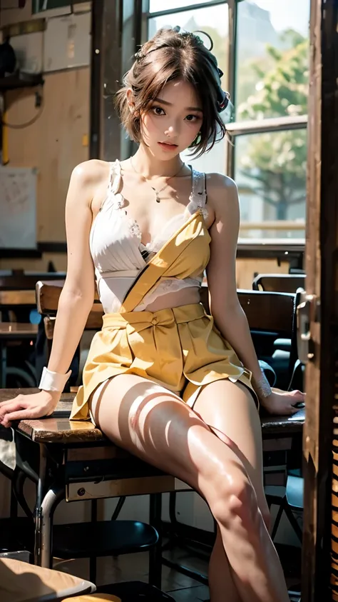 'Classroom ，Japanese style girl， delicate cheeks ， ， Orange Liu Hai Short hair ,  Lolita Hair Band, Chest,  wearing yellow uniform ，Bare shoulders，  sitting side by side at table ， Glaring eyes with thighs ， wearing white stockings， Staring at ， Masterpiec...