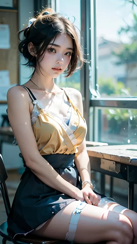 'Classroom ，Japanese style girl， delicate cheeks ， ， Orange Liu Hai Short hair ,  Lolita Hair Band, Chest,  wearing yellow uniform ，Bare shoulders，  sitting side by side at table ， Glaring eyes with thighs ， wearing white stockings， Staring at ， Masterpiec...