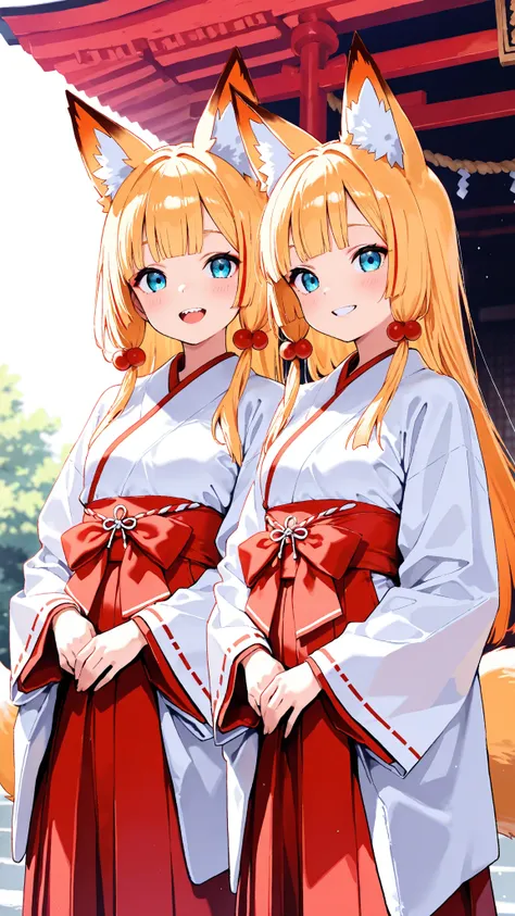  high res， high image quality， 2 girls， twins， small breasts，
 long golden hair，blunt bangs，
Deep blue eyes，Eyes with highlights， 
Short stature，small double teeth ，smile，
 red and white shrine maiden costume，
 fox ears，1 fox tail ，
