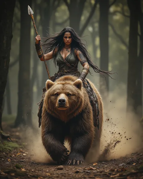  curvy Celtic warrior ,  of LONG, STRAIGHT BLACK HAIR , waving in the wind,  With a determined look .  She wears rustic dark green linen underwear ,  details in brown leather and bronze bracelets with Celtic symbols ,  ancient blue tattoos that run across ...