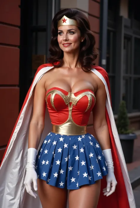 LYNDA CARTER AS WONDER WOMAN WEARING HER RED AND WHITE PATRIOTIC CAPE ATTACHED TO THE WONDER WOMAN COSTUME, AND A PLEATED BLUE PATRIOTIC SKIRT. ELBOW LENGTH WHITE SATIN OPERA GLOVES.