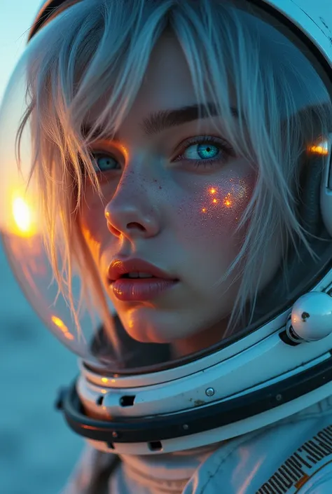 (Close-up of a better masterpiece:1.5)0.9], (Space and astronauts:1.2) (Messy silver hair:1.1) (Heterochromia xanthochromia and blue eyes:1.2) (Space Helmet:1.0) (Colored stars in the eyes:1.0) (A radiant glow:1.1) (thick lips:0.9)