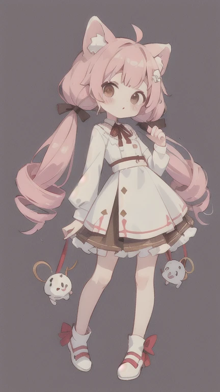 Chibikiyara 　 chibi　Droopy white dog ears 　 drill twin tail　 chibi　　 chibiきゃら　 cuteデザイン,  the most beautiful girl I've ever seen、 deformed　 plain background　 1 girl, drill twin tail,  light pink hair　Droopy white dog ears , 縦巻き fluffy浮いてる　cute white and br...