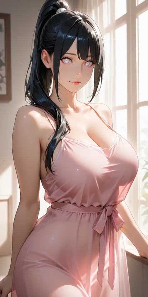 Masterpiece, newest, high contrast, high quality, ultra HD,very aesthetic, vibrant, mature female, hinata hyuga, high ponytail long hair, black hair color, white eye color, camisole, perfect breast, upper body, ultra detailed, highres, best quality, home, ...