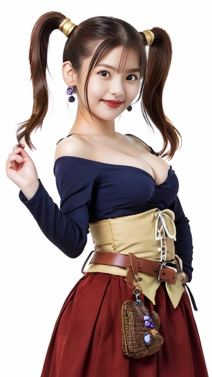  cleavage、 Purple Dress、 earrings、 jewelry、 off shoulder 、 off shoulder ドレス、パープル shirt、 shirt、 strapless、 straplessドレス、 corsets， twin tails，jessica albert　 cosplay，Take a full-body photo， top quality， Max Image Quality， highest resolution、， red long skirt，...