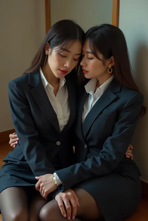 masterpiece, 8k, photorealistic, (beautiful eroticism:1.9), 2 beautiful Japanese mature women, intimate relationship, (40 years old:1.7), beautiful office workers, detailed face, light makeup, dark navy business suits, blouse, pencil skirt, black pantyhose...