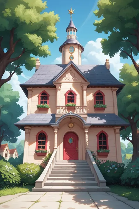  An imposing Victorian house serves as an orphanage ,  with an elegant façade and ornate wooden details .  Its tall windows and yes Metrics reflect the soft light of sunset ,  while its delicate curtains shake slightly in the wind . The main door ,  sturdy...