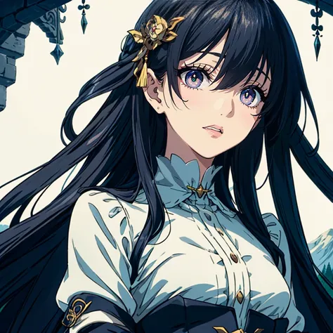 masterpiece。best quality。(a dark, gothic, and classical anime style CG:1.2)。super high definition。8k wallpaper。detailed。attention to beautiful details。Hues and overall tones are dark or cool。dynamic composition。dynamic angle。shallow depth of field。The layo...