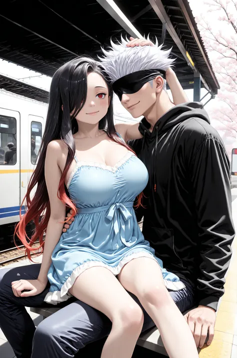 masterpiece, best quality, amazing quality, very aesthetic, absurdres, newest, scenery, vibrant colors, BREAK 1boy, gojou satoru, jujutsu kaisen, covered eyes, white hair, black blindfold, sexy man, handsome, hoodie, pants, BREAK duo focus, hetero, couple,...