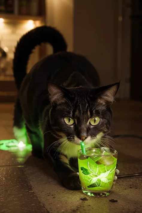 The cat drinks glowing green