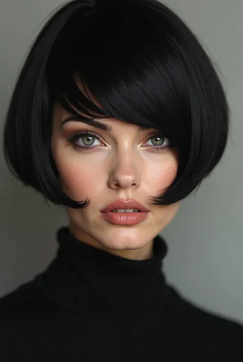 an attractive lady with black sleek short angled bob haircut 