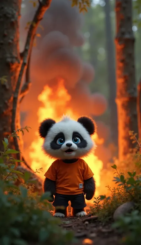 A dense jungle suddenly catches fire, with bright orange flames spreading rapidly. Thick black smoke rises as the peaceful forest turns chaotic. In the foreground, a Pixar-style baby panda cub with a large fluffy mane, big blue eyes, wearing an orange t-sh...