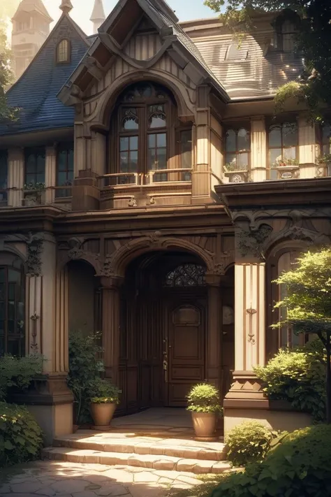  An imposing Victorian house serves as an orphanage ,  with an elegant façade and ornate wooden details .  Its tall windows and yes Metrics reflect the soft light of sunset ,  while its delicate curtains shake slightly in the wind . The main door ,  sturdy...