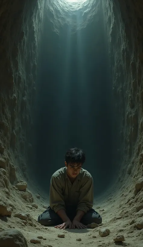 Create an image of a young man inside a pit, make the young man look sad, the man inside the pit is ONLY ONE