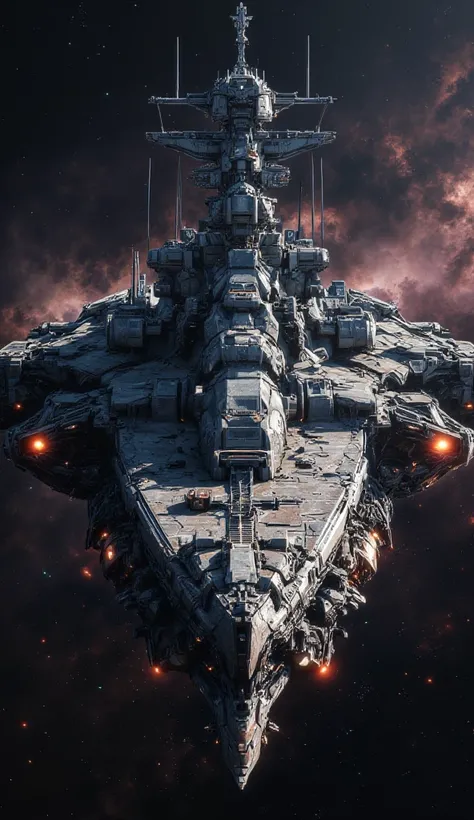 masterpiece, best quality, highly detailed, amazing quality, newest, hyper-detailed, very aesthetic, absurdres, naval battleship inspired space dreadnought, no command super structure, flat bridge structure, hull integrated bridge, flat mast, hull integrat...