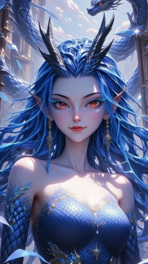 Dragon Girl,  unique ，  blue hair, 