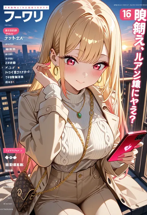 Marin Kitagawa, sitting at a rooftop café, casually scrolling through her smartphone, adjusting a loose strand of hair with her free hand, looking down at the screen with a neutral expression, long sleek blonde hair softly cascading over her shoulders, lig...