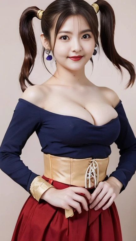 Big Boobs Cleavage、 Purple Dress、 earrings、 jewelry、 off shoulder 、 off shoulder ドレス、パープル shirt、 shirt、 strapless、 straplessドレス、 corsets， twin tails，jessica albert　 cosplay，Take a full-body photo， top quality， Max Image Quality， highest resolution、， red lo...