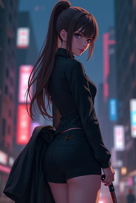 3D anime picture, beautiful, beautiful, light, beautiful, dimensional and intriguing. It is an image of a long-haired woman with long brown hair tied in a high blue gathered hair, wearing a black sexy single-breasted shirt, wearing shorts, standing slightl...