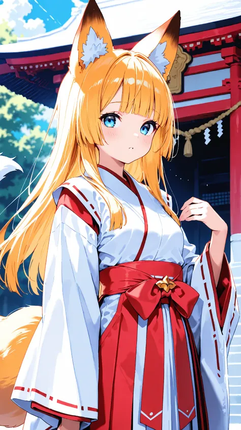  high res， high image quality， 1 girl， small breasts，
 long golden hair，blunt bangs，
Deep blue eyes，Eyes with highlights， 
Short stature，
 red and white shrine maiden costume，
 fox ears，1 fox tail ，
