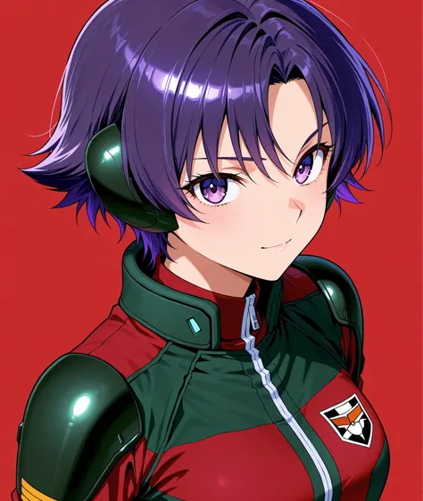 A beautiful anime fighter girl, shoulder length purple hair,mesmerizing detailed purple eyes,dark green shoulderpads, red vertical stripe shirt, cool ace pilot