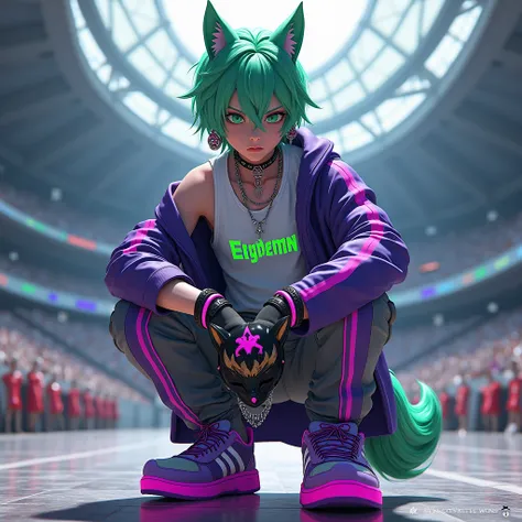 3D anime style, gothic style,  boy, light green hair, green eyes, full body，wolf ears, cold expression, black skull earrings, sleeveless top with fluorescent green Egyptian text, white sleeveless top, gray sports pants with fluorescent purple stripes, purp...