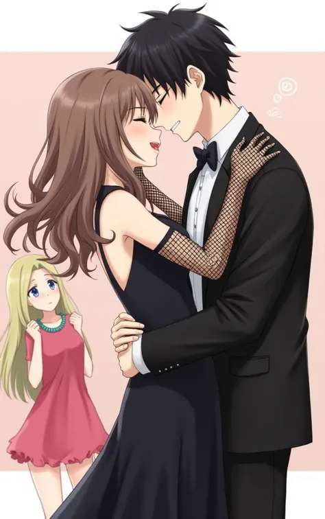  The image is a digital illustration in anime or semi-realistic style that represents a love triangle.  Three characters are seen :

 A couple in the foreground :

 The girl has long brown hair ,  wearing an elegant black dress with bare back and black mes...