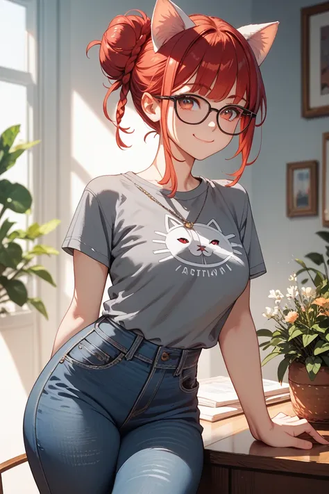 1girl,red hair,red eyes,gray shirt,grayn jeans,bun with hair base, glasses,closed mouth,closed,smile face ,real cat ears, 