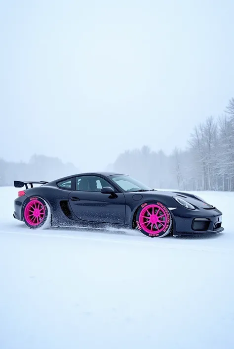 Impressive 4k HD image of modified sports car in the snow with pink bbs and letters on the tires realistic image 4k vivid colors 