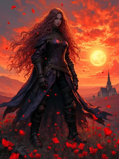 Elden Ring style, ultra-detailed illustration, 16k, sharp strokes, a beautiful girl with long flowing hair, full body, warrior pose, perfect proportions, combat outfit, combat boots, many petals scattered by the wind, dark tonka color, sunset, aesthetic, a...