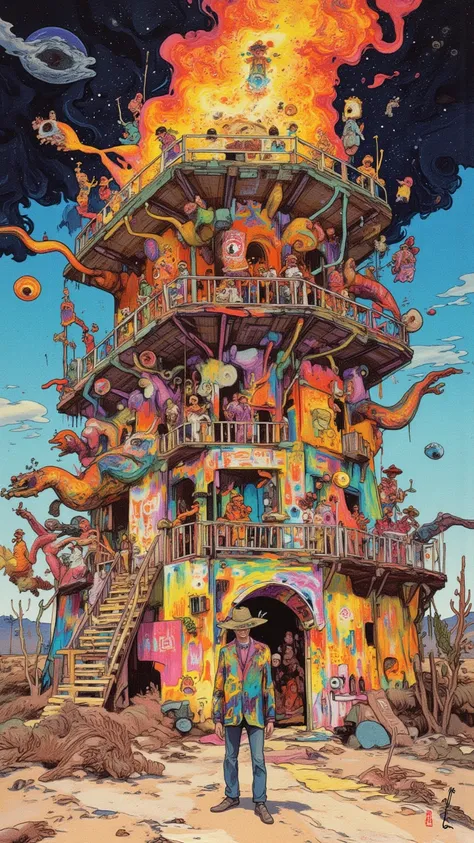   The Illusory Art of a Man in burningman Nevada ,A fiery crazy man with a strange sense of humor,The Burning Tower ,The Burning Tower の入り口に立つ男性, Black Rock City , psychedelic surreal art,Shamanic Horror LSD Art , High Contrast Illustration , Terrible Surr...