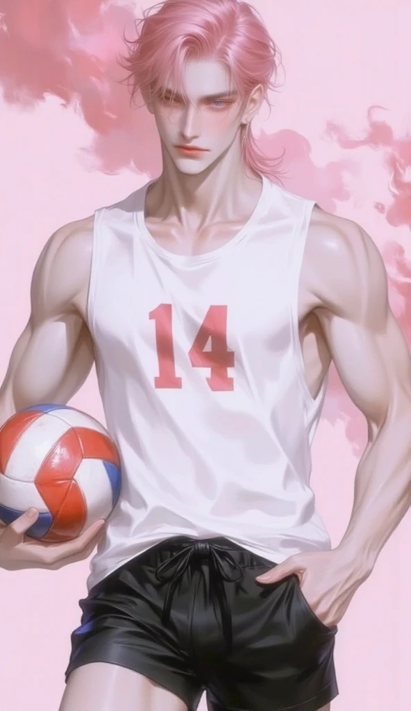 Volleyball player, man, athletic male body with muscles, masculine face, volleyball uniform shirt, black shorts, pink hair with mullet style cut , blue eyes. Holding a volleyball,influencer pose, pink background, full body image standing, smoke in the back...