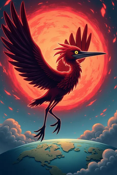 A cartoon cool red heron bird  fying above the world with a dark red aura  with the title rangers in capitals