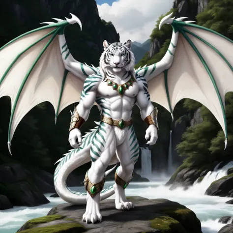 front view, (white cream tiger), well muscled, (very long dragon wings :1.5), stark bemuskelter Flügelarm mit white leopard-Mustern, 4 fingers with medium-length claws, green stripes on the body, 4 toes with long claws, loincloth, silver bracelet cuff, sil...