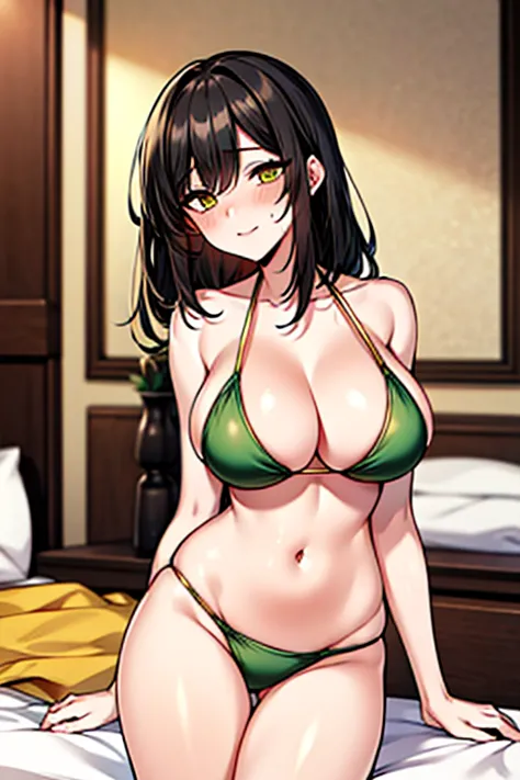 lumi \(seka\), black Medium-length Hair , yellow eyes, (((sexy green bikini))), large_breasts, long_hair,8K, HDR, highres,ultra high res,4K,ultra-detailed, photography,,bow breasts, (beautiful_face:1),(narrow_waist),(Beautiful large breasts),Beautiful Fing...