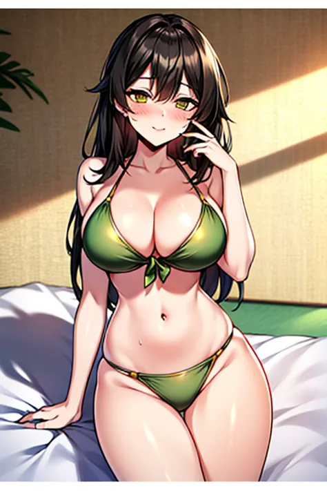 lumi \(seka\), black Medium-length Hair , yellow eyes, (((sexy green bikini))), large_breasts, long_hair,8K, HDR, highres,ultra high res,4K,ultra-detailed, photography,,bow breasts, (beautiful_face:1),(narrow_waist),(Beautiful large breasts),Beautiful Fing...