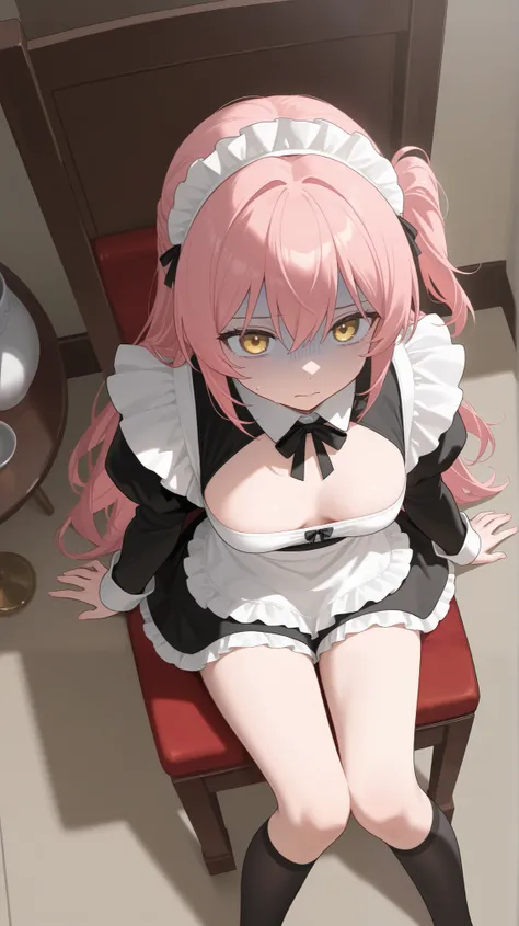 German Maid by yourself,girl sitting, looks good,turn pale,I'm looking at a broken expensive vase, pink hair, half up, golden eyes, smaller breasts, high res,high angle, bright room, Japanese illustration style, masterpiece, top quality