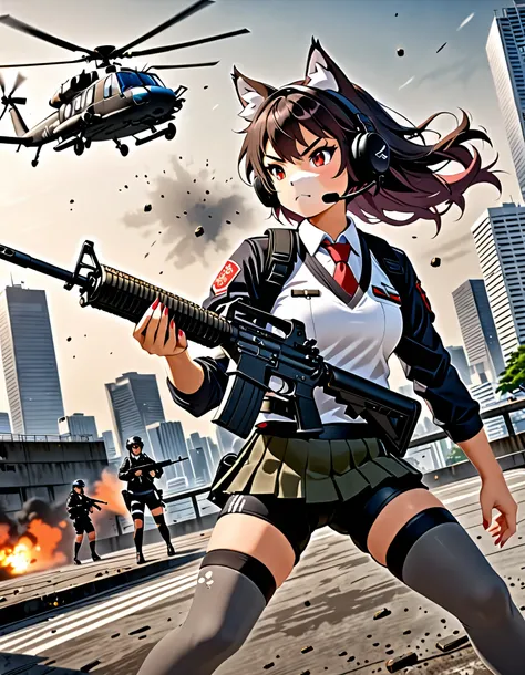 masterpiece, best quality, high res, high details, 4k, 8k, solo focus, 1girl, female samurai, Japanese military officer, (catgirl:0.9, furry ears:1.3), college-aged female, long hair, black hair, tactical headset, hair ornament, white-collared shirt, red n...