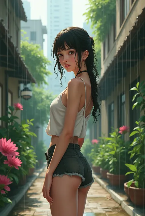 a young woman is standing confidently against a backdrop of a city skyline. Her gaze is directed off to the side, and she holds her hands casually by her sides. The cityscape behind her suggests an urban setting Art Style & Details: Type of Art: Semi-reali...