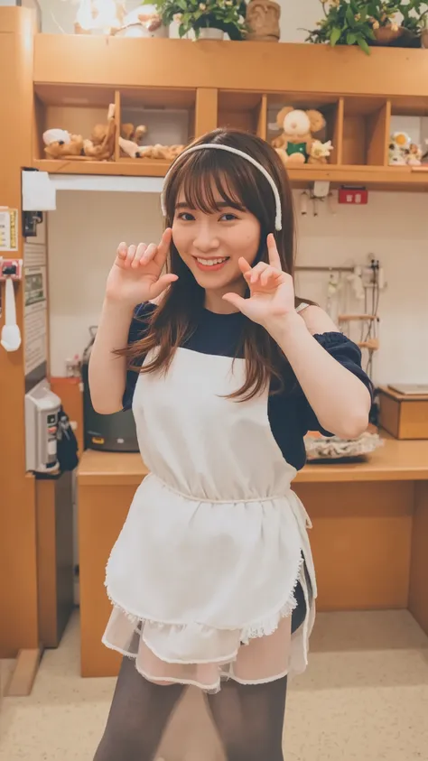 ((( top quality)), (( masterpiece)), (  Details), 1 person,  sexy、アイドルの可愛さの masterpiece！30 year old housewife 、 she's standing in the kitchen cooking with her headphones and apron on.。  Dynamic lighting surrounds her round face  .、 emphasizes her slender e...