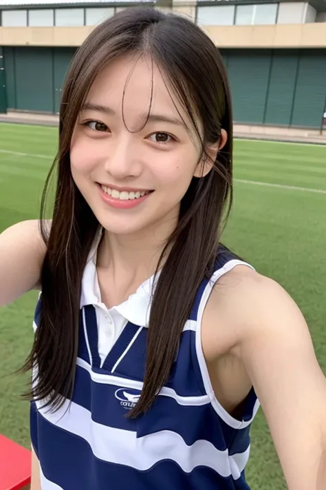 Draw a cheerful, A girl wearing sportswear taking a selfie while sitting at a sports clubpretty  with long hair and a slightly ish face, smiling at you.Her naturally straight shoulder-length hair sways in the cool but pleasant breeze. Her smile gives off a...