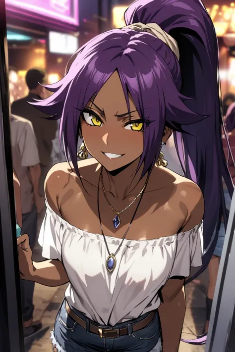 NSFW,masterpiece, top quality , High Definition , very detailed,Yoruichi Shihouin\(BLEACH\), long hair、 yellow eyes、 ponytail、Purple Hair、 dark skin 、  dark skin for women , off-shoulder, Denim Shorts,belt, Casual , necklace,Earrings,Bad Smile,Nightlife